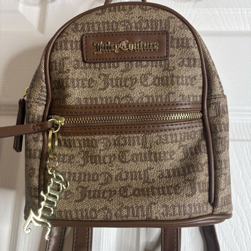 Juicy Couture Mini Backpack Brown Monogram Canvas Faux Leather Y2K